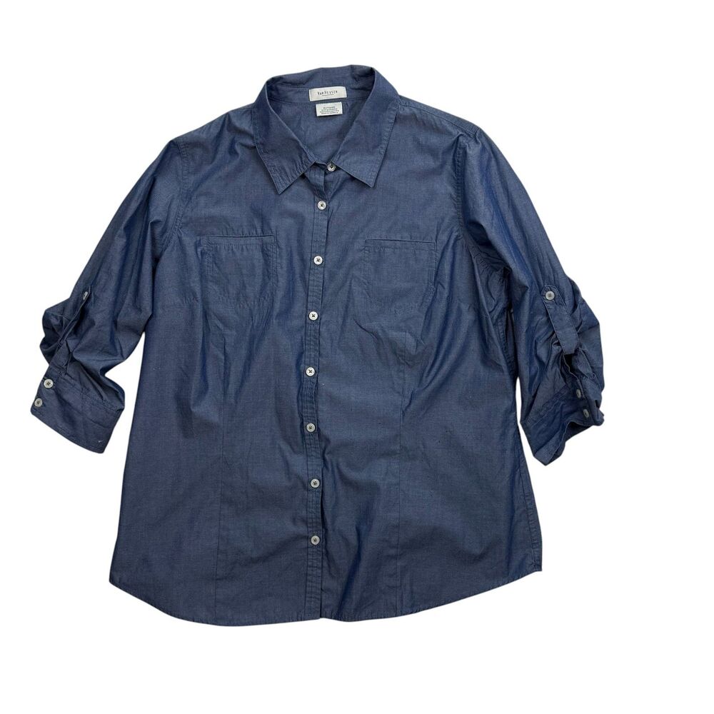 Van Heusen Button Up Blouse XL Blue 3/4 Roll Tab Sleeve Cotton Career Polished